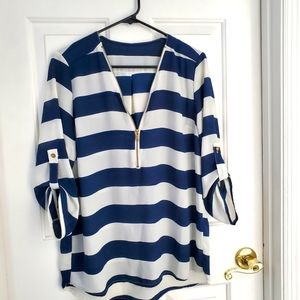 Sheer White & Navy Striped 3/4 Sleeve
